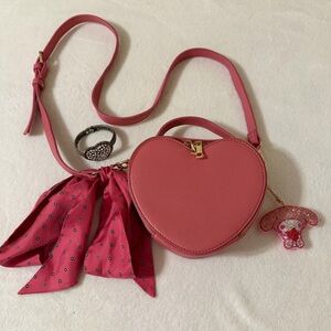 Pink Heart Crossbody Bag with silk scarf & bag charm
